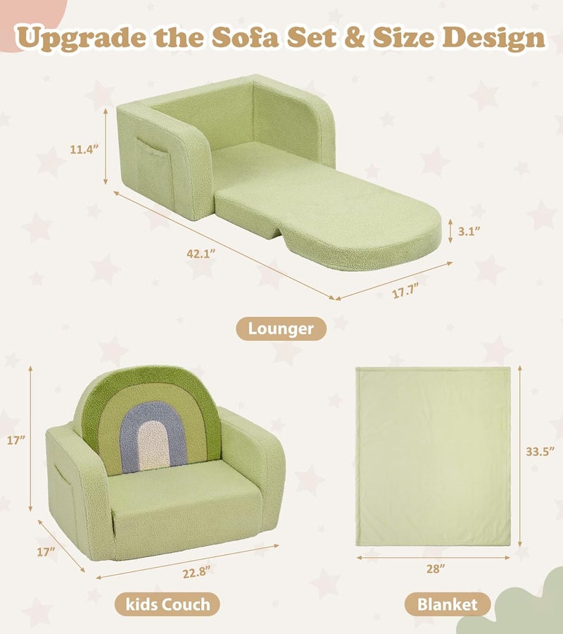 Foryoomi Kids Couch, 2-in-1 Soft Toddler Couch Fold Out with Blanket, Comfy Toddler Chair, Convertible Sofa, Gifts for Kids Girl Boys, Medium Green Rainbow - Image 3
